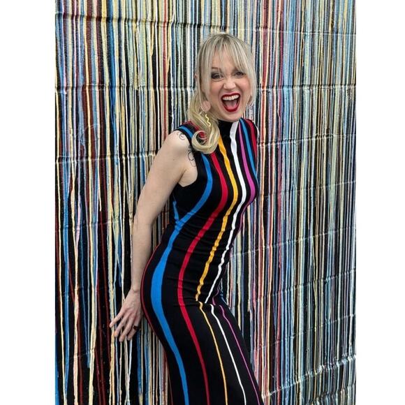 VICTOR GLEMAUD Rainbow Striped Mock Neck Sleeveless Sheath Dress Size XS - Picture 16 of 16